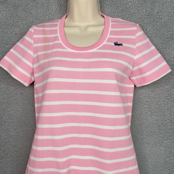 Vintage Lacoste David Crystal Sheath Dress Women 8 Pink White Striped Union Made - Picture 3 of 13